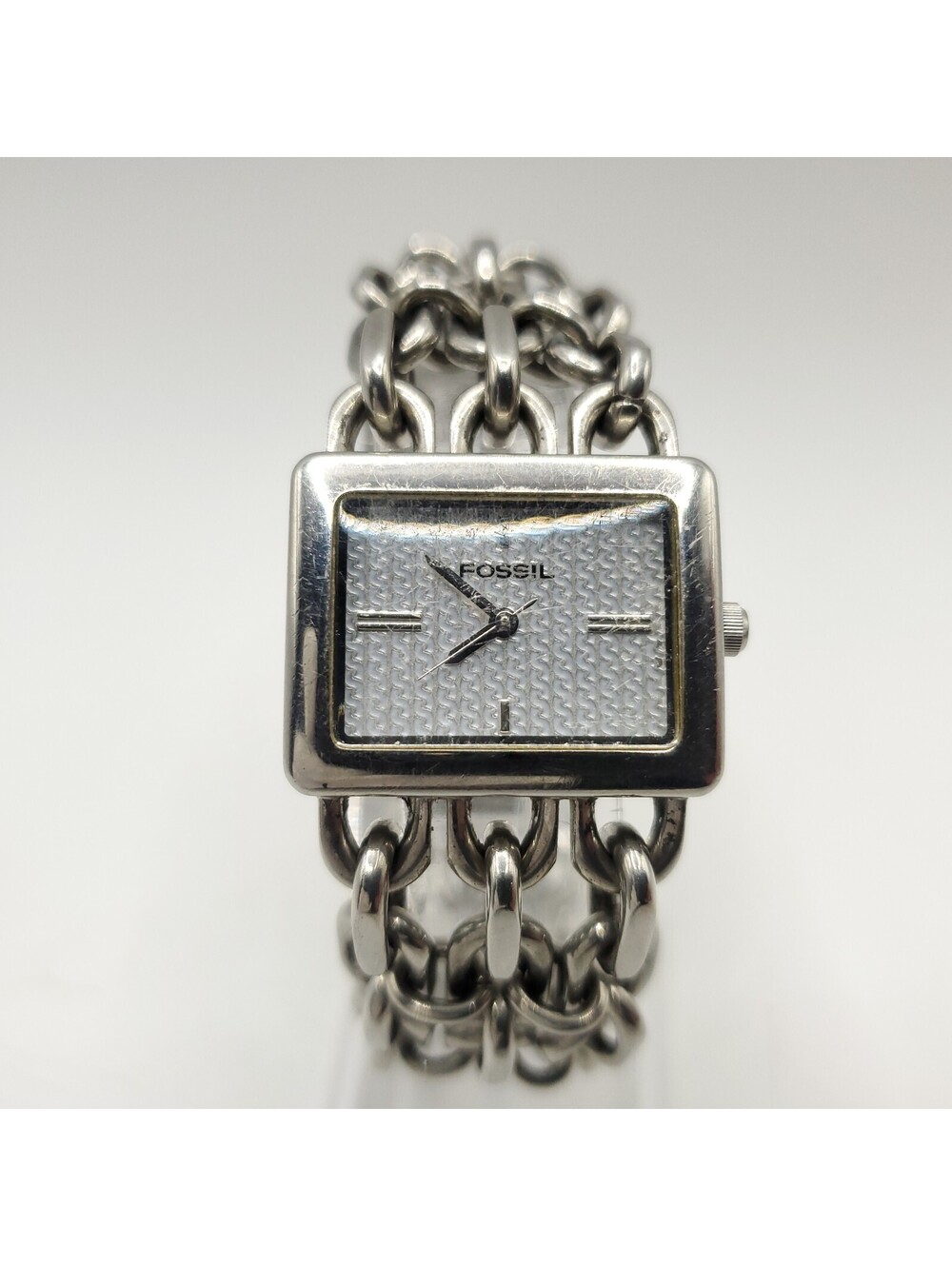 Fossil F2 Rectangle Women's Watch 27mm Silver Tone Chain Band New Battery 6.5"
